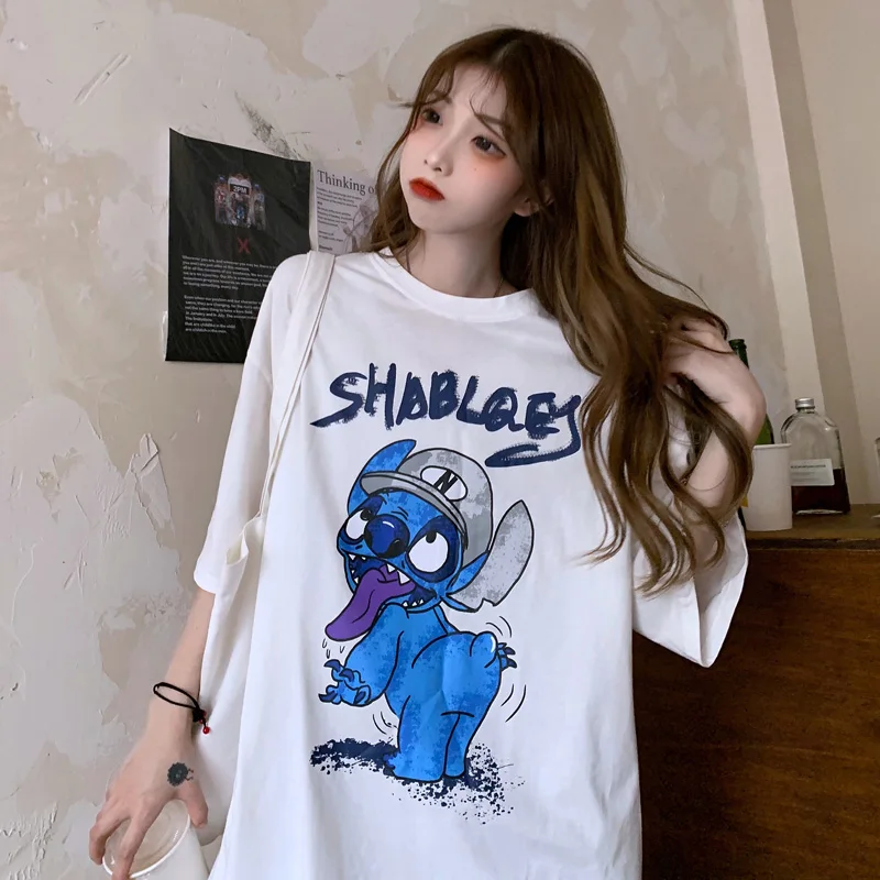 

Summer Kawaii Cartoon Anime Short-Sleeved Female Trend Hip-Hop Print Round Neck Loose Oversized Women's Blouse