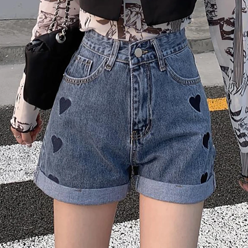 

Summer New Korean Fashion Casual Loose Love Embroidered Denim Shorts Women Clothes All Match Pantalones Cortos