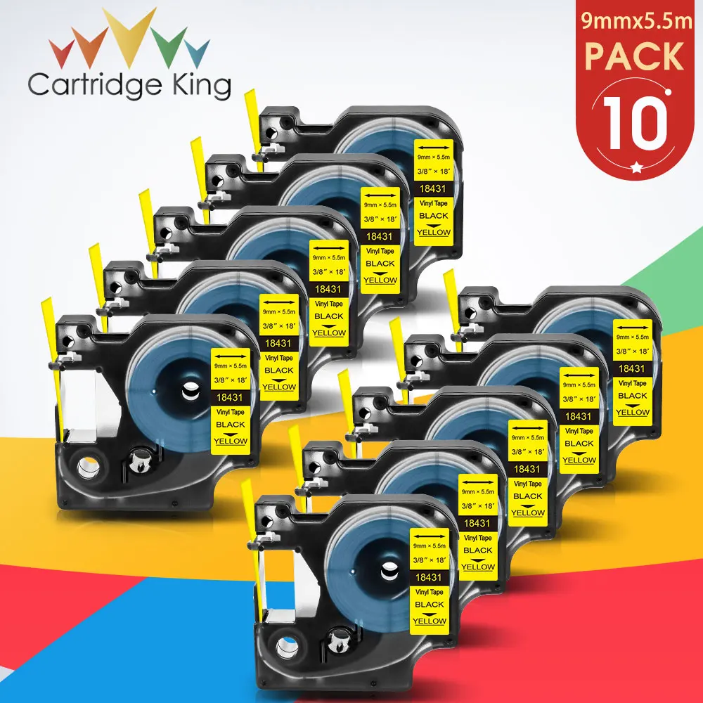 

10PCS Vinyl Label Tape 18431 Black on Yellow 9mm x 5.5m for Dymo Rhino 1000 3000 4200 5000 5200 6000 Label Maker Industrial Tape
