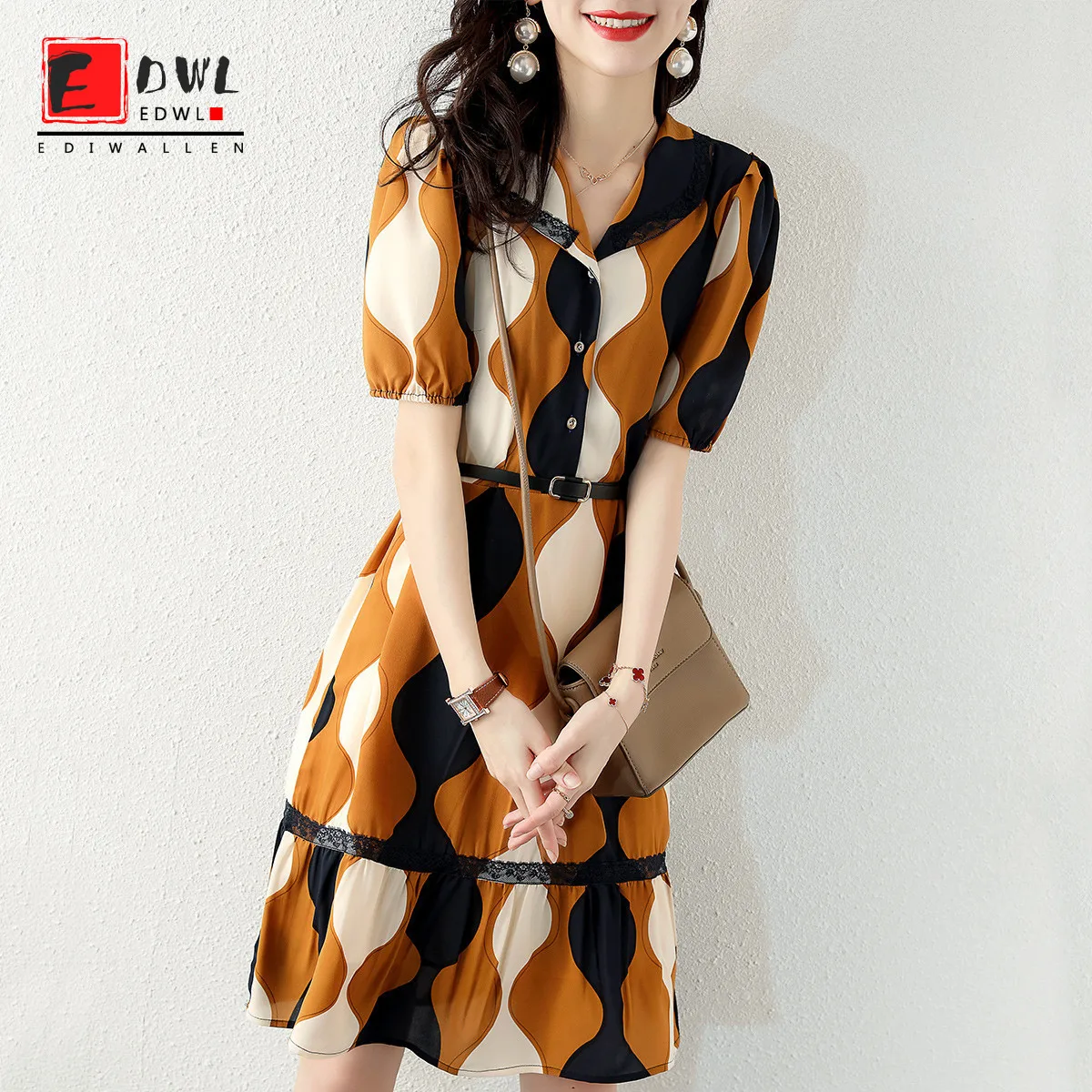 

2021 Summer New Korean Style Temperament Versatile Commuter Style Fashion Big Lapel Waist Printed Dress