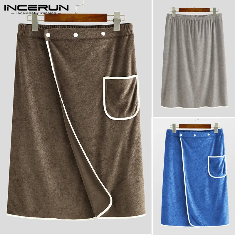 

INCERUN Men Bathrobe Soft Comfortable Homewear Solid Color Button Men Bath Skirts Home Towel Robes Pockets Beach Mens Bathrobes