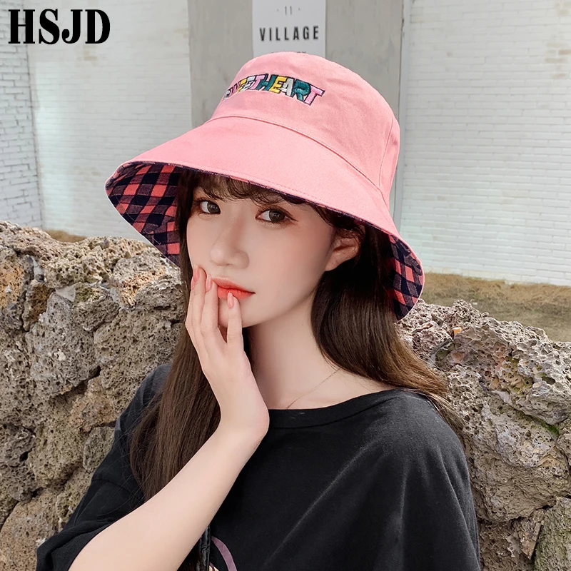 Double Sided Letter Plaid Bucket Hat Girl Women lovely Bob Femme Caps Summer Panama Sweet Heart Sun Hats For Women fisherman hat