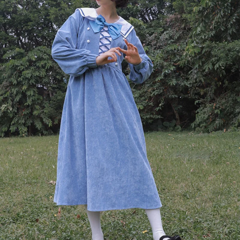 

HOUZHOU Women Sweet Lolita Dress Navy Kawaii Beautiful Girl Blue Bow Spring Autumn Japanese Preppy Style Elegant Long Dresses