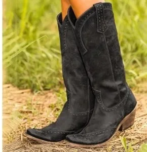 Женские винтажные кожаные сапоги, коричневые сапоги до колена на квадратном каблуке, на молнии, сохраняющие тепло, с заклепками, в стиле ретро, 698