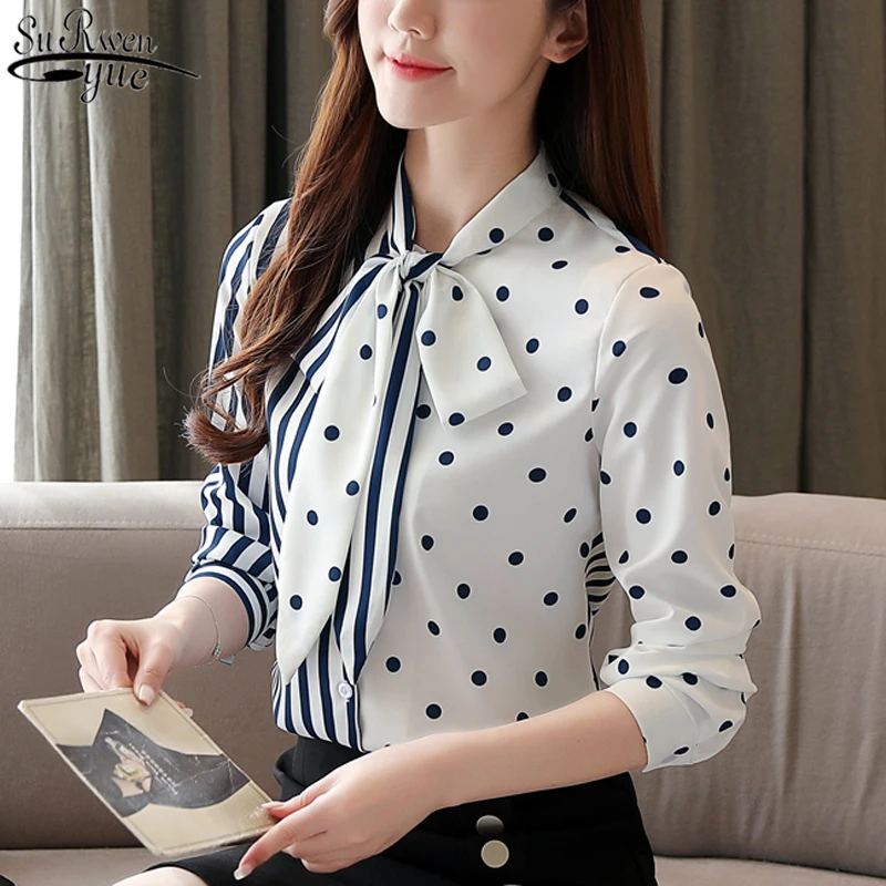 

2021 Blouse Women Autumn Casual Long Sleeve Striped Women White Polka Dot Chiffon Shirt Bow Button Cardigan Ladies Tops 10755