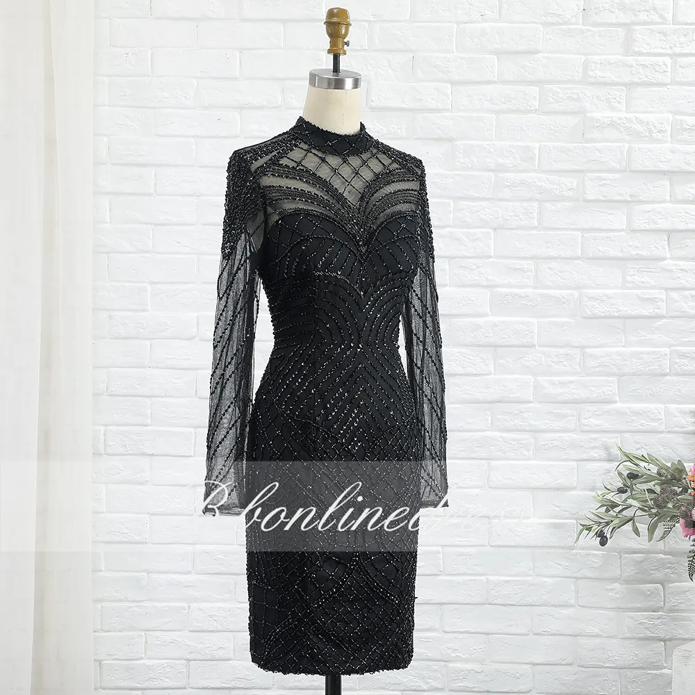 Черное коктейльное платье Bbonlinedress с длинным рукавом и высоким воротником