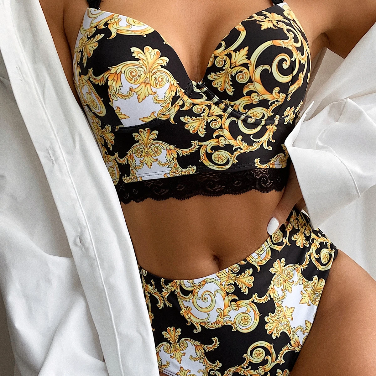 

Sexy Vintage Print Women's Bikini Set Lace Strappy Padded Bra 2021 High Waist Bottoms Swimsuit Fashion Female Beachwear Swimwear