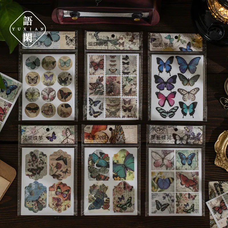 

6 Pcs Vintage Butterfly Washi Paper Stickers Butterflies literary handbook material decorative Scrapbook DIY Journal Stationery