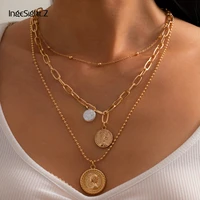 ingesight z 3pcsset gold color bead chain choker necklace multi layered carved coin human head pearl pendant necklaces jewelry