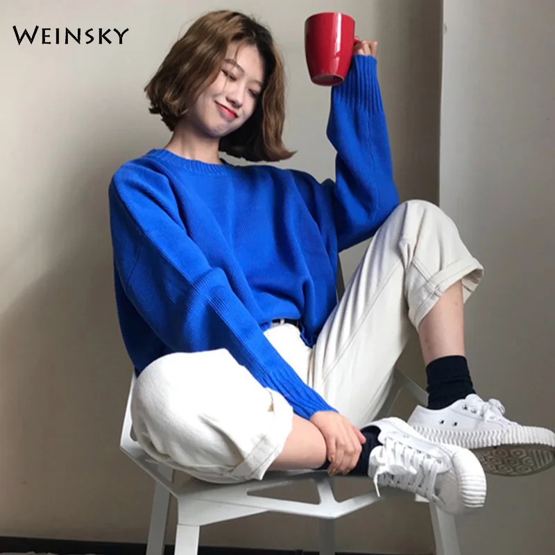 Свитер Женский вязаный однотонный с круглым вырезом Осень-зима 2019 | Женская