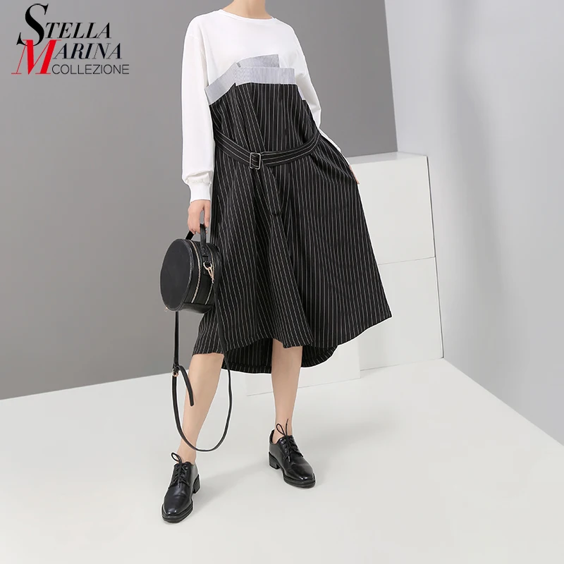 Новинка 2019 корейский стиль женское черное лоскутное Полосатое платье с поясом