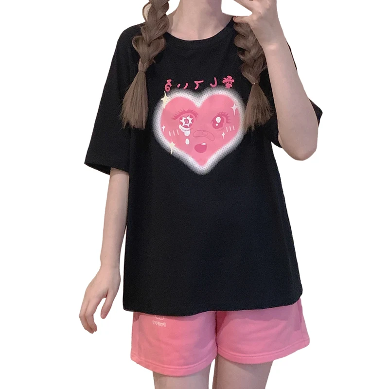 Милые Аниме футболки с коротким рукавом в стиле Харадзюку Винтажная футболка