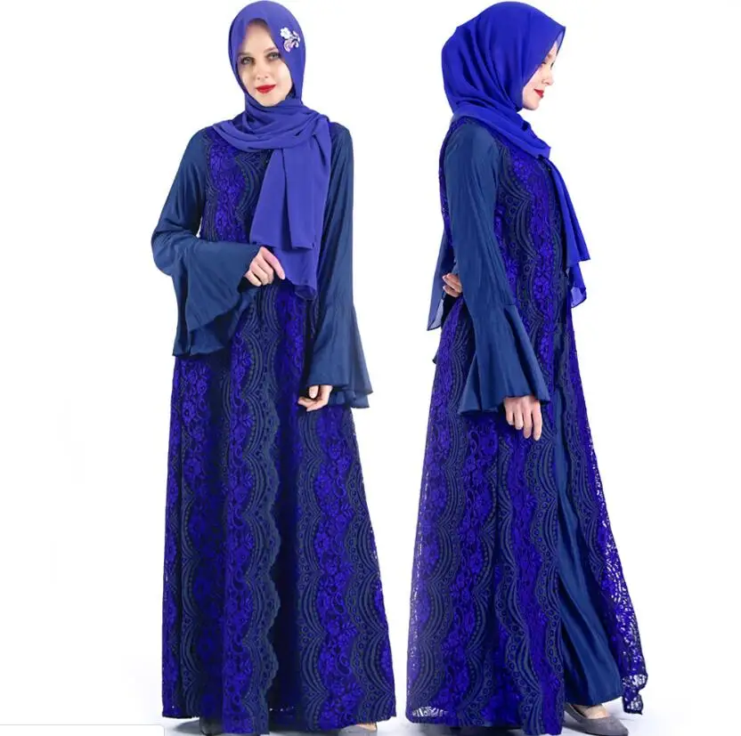 Фальшивое женское платье, 2 шт., арабское, синее, кружевное платье, кафтан, марроки, индонезийский хиджаб, юркен, Дубай