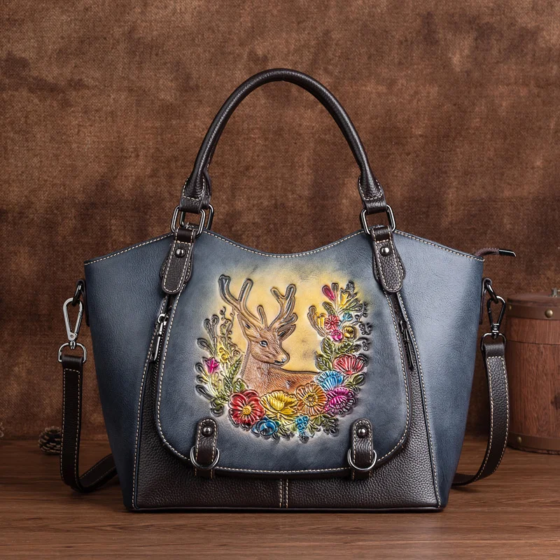 

Live broadcast of the new China style cowhide women's bag color wiping large capacity handbag