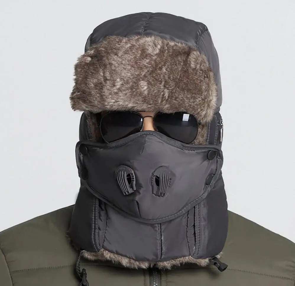 grey 280 Г Зима Женщины и Мужские Бомбардировщик Меховые Шапки Ушами Шляпы Анти-Туман и Дымка Маска Функция Bomber Шляпы Теплый Caps шапка - Цвет: grey