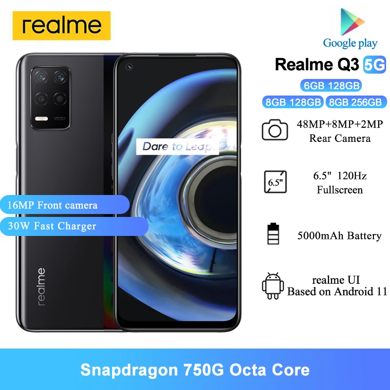 

Realme Q3 5G Smartphones Android 11 6.5" 120HZ Snapdragon 750G Octa Core 48MP Rear Camera 30W Fast Charger 128GB ROM Cellphones