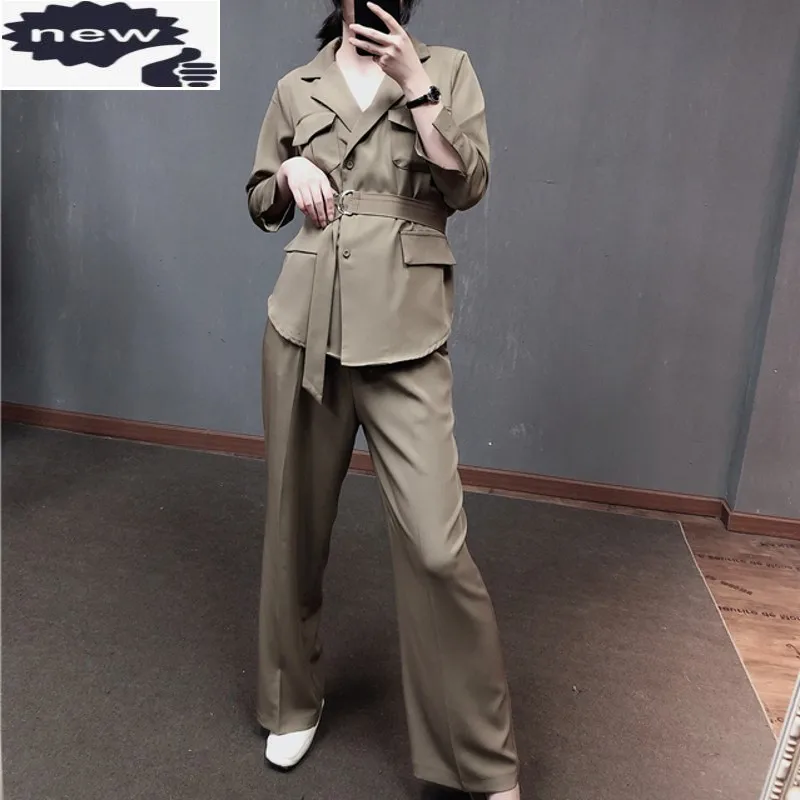 

Элегантный женский комплект из двух предметов брюки с широкими штанинами блейзер с поясом в одинаковом стиле, комплект 2021 Новая модная женская обувь для офиса, комплект деткой одежды