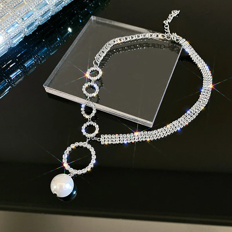 

2021 Korean Style Simulation Pearl Asymmetric Choker Rhibestone Necklaces For Women Trendy Naive Romantic Clavicle Chain Jewelry