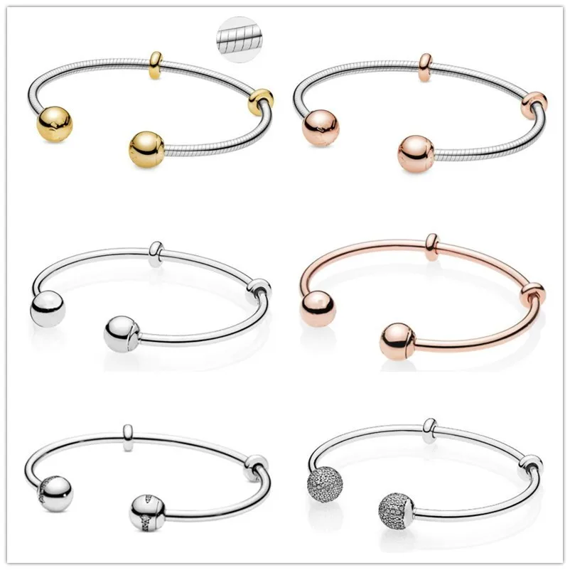

Real 925 Sterling Silver Original PAN Moments Open Bangles Crystal Bracelets Set for Women Charm Bead Fashion Jewelry Gift