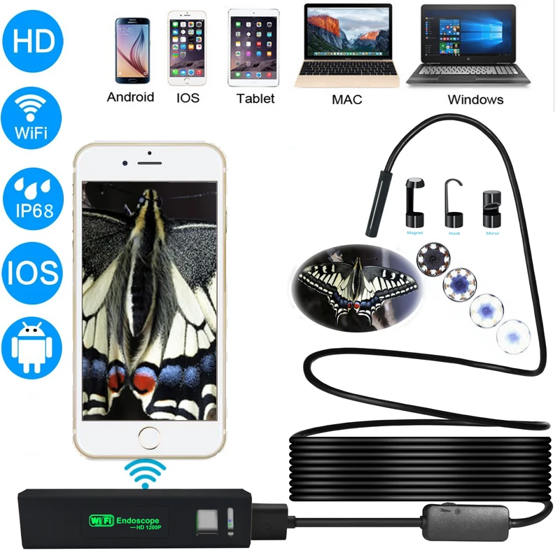 

New HD 1200P Wifi Endoscope Camera USB IP68 Waterproof Borescope Semi Rigid Tube Wireless Video Inspection for Android/iOS