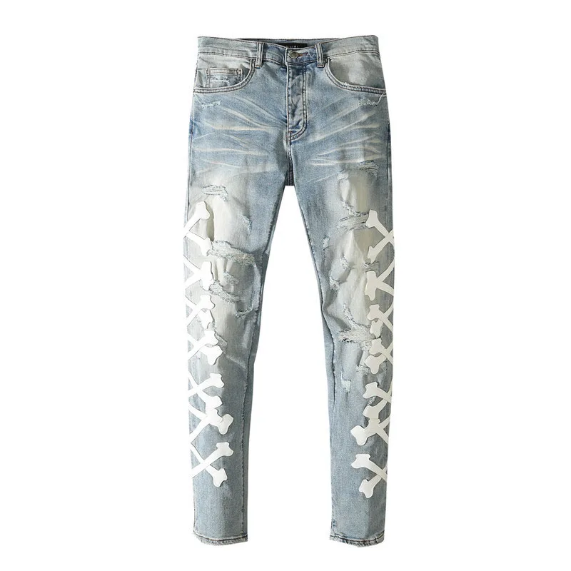 

New 2021 male blue trousers holes make old men's jeans high street with embroidered bone pacth stretch slim jeans denim pants