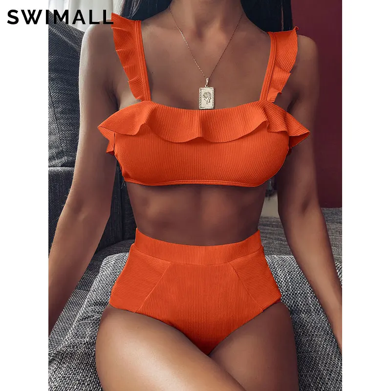 

Сексуальное бикини с высокой талией, женский купальник, комплект бикини с оборками, женский купальный костюм, однотонная одежда для плавани...