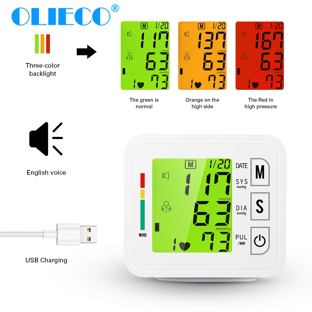 Тонометр OLIECO цифровой на запястье с USB зарядкой Сфигмоманометр голосовым