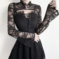 women vintage flare long sleeve slim bolero ruffles stand collar floral lace shrug sexy sheer black cardigan crop top