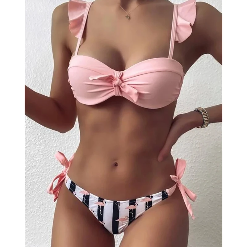 

Women Sexy Swimsuit Two Pieces Swimwear BeachWear Spaghetti Strap Bowknot Design Flamingo Print Bikini Set