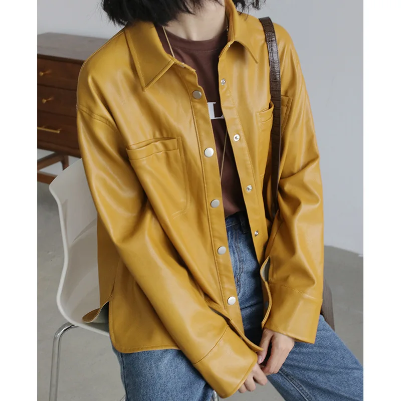 yellow Новая свободная однотонная однобортная рубашка, пальто, винтажная осенняя куртка из мягкой искусственной кожи - Цвет: yellow