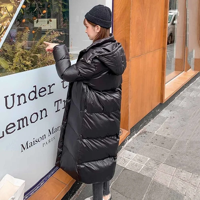 Fashion Off-season Shiny Down Padded Jacket Black Parka Coat Women's  Thick Winter Hooded Loose Long Coat Women's Warm Jacket