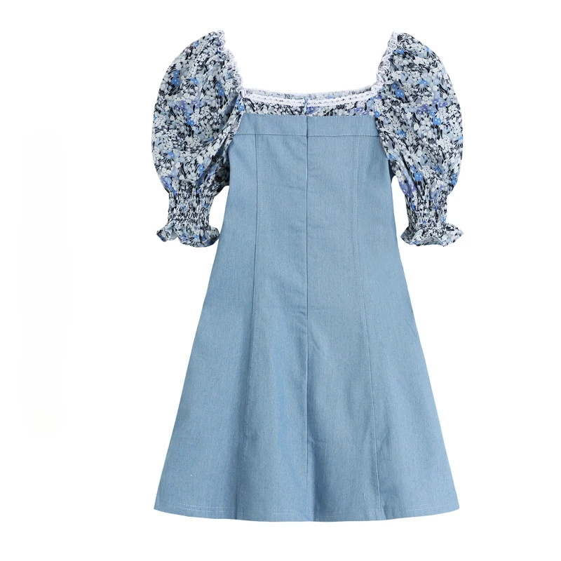 

Retro Print Patchwork Denim Dress Women Summer 2021 Puff Short Sleeve Square Collar Mini Vestidos Simple Sweet Slim Fit Robe