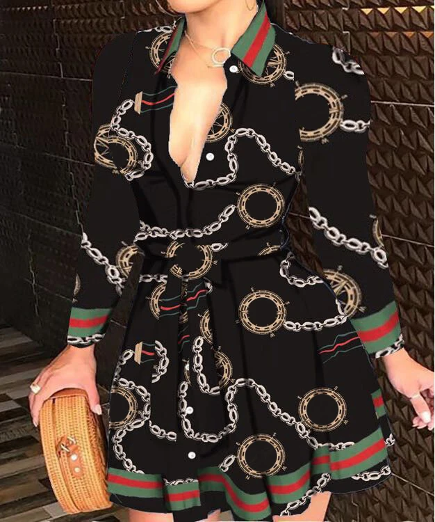 

Elegant Chain Letter Print Shirt Dress Mini Party Dresses Vestidos Summer Women V-neck Bandage Button Dress Vintage Long Sleeve