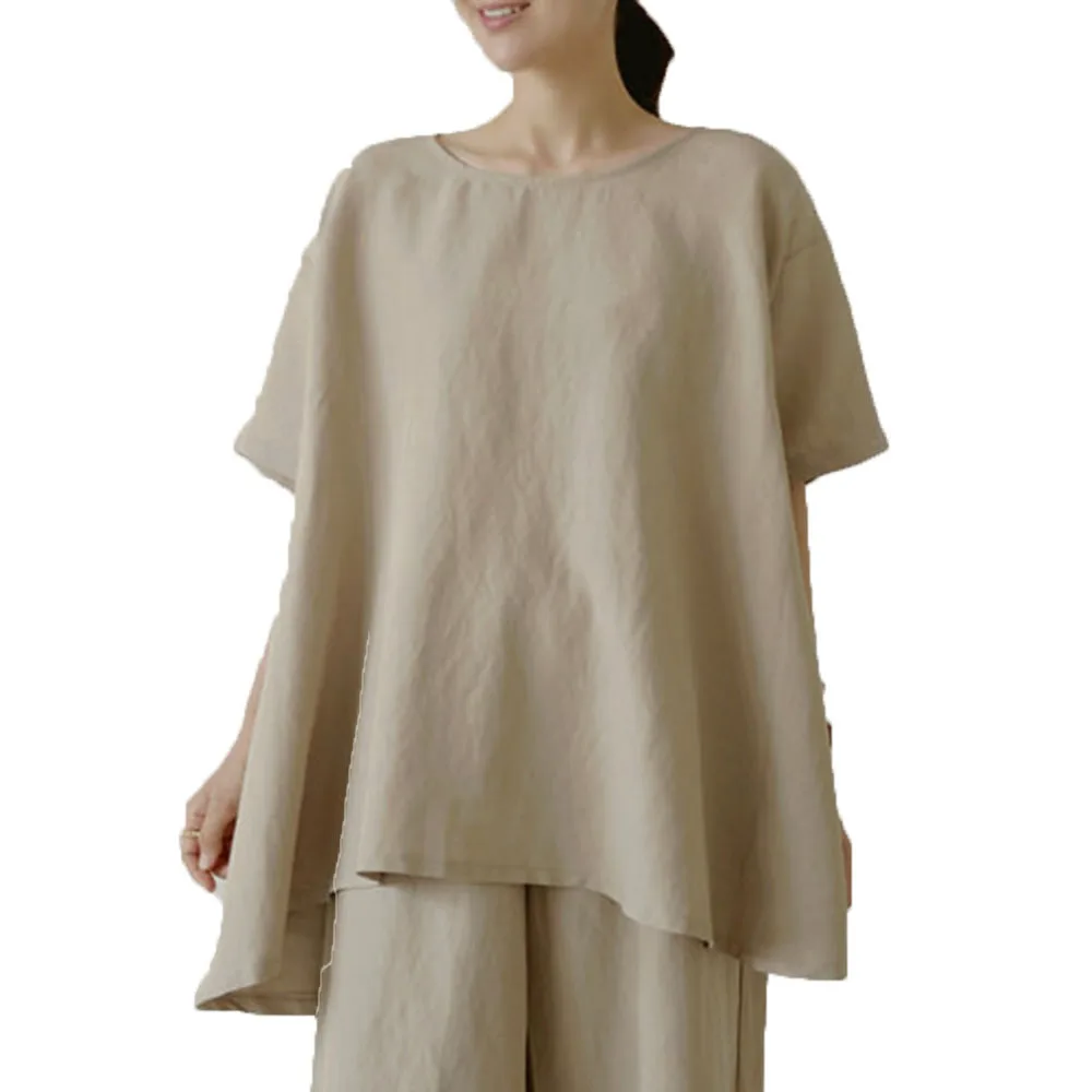 

Blouse Korea 2021 Spring And Summer Simple Solid Color Irregular Hem Loose Back Button Linen Shirt Women Japanese Style Ladies