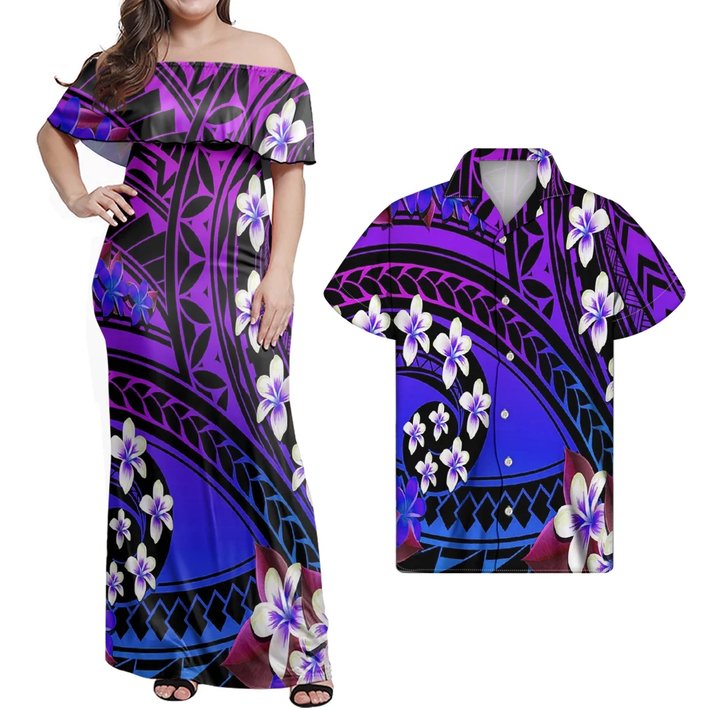 

HYCOOL Polynesian Hibiscus Print Gradient Purple Dress Off Shoulder Ruffle Long Bodycon Maxi Dress Match 5xl Plus Size Men Shirt