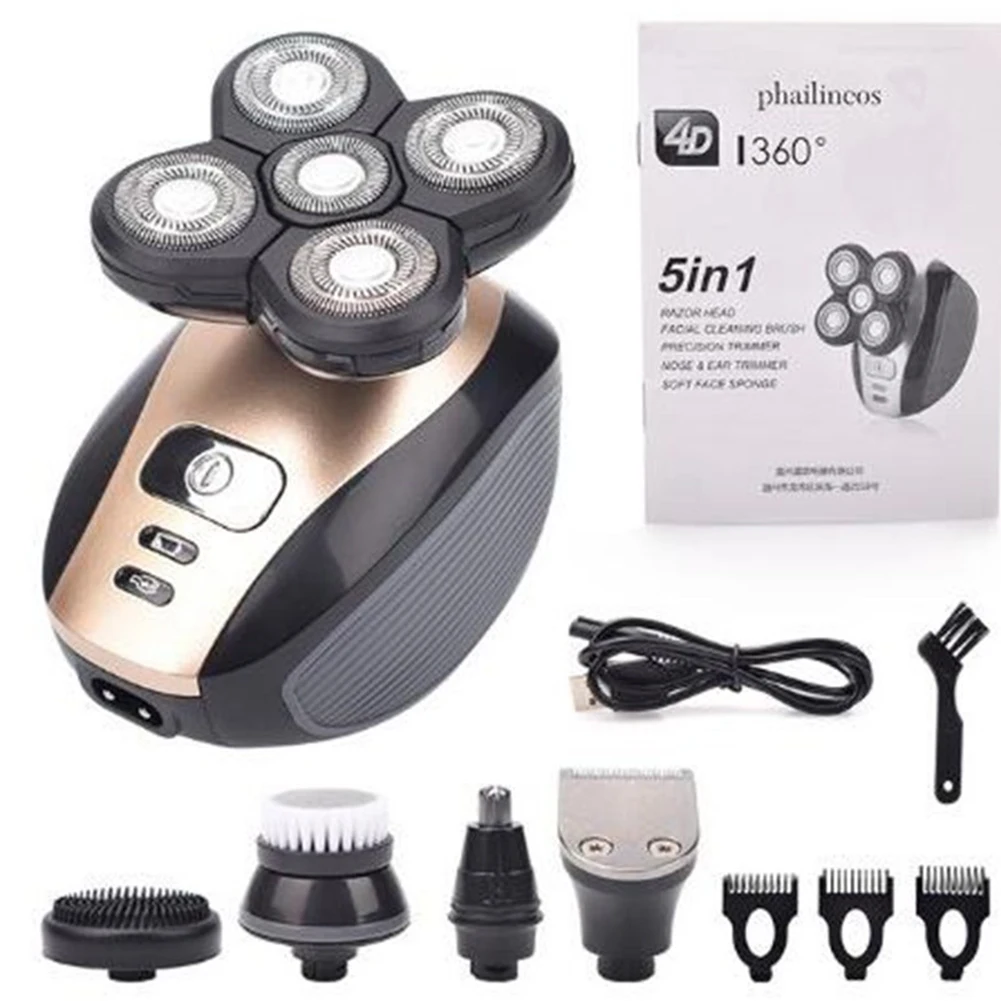 

5 in 1 Electric Shavers Shaving Machine Beard Razors 5 Blades Bald Head Polish Hair Trimmer Clipper Rechargeable for Men's Face
