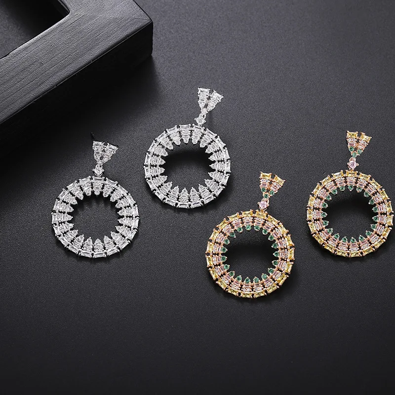 

Korean version of simple zircon earrings copper micro-inlaid color round ring earrings high-end banquet accessories cross-border