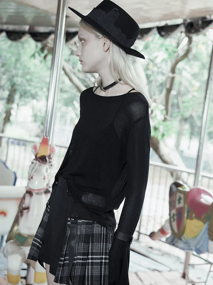 Женский свободный пуловер в стиле панк Черный Асимметричный свитер с круглым