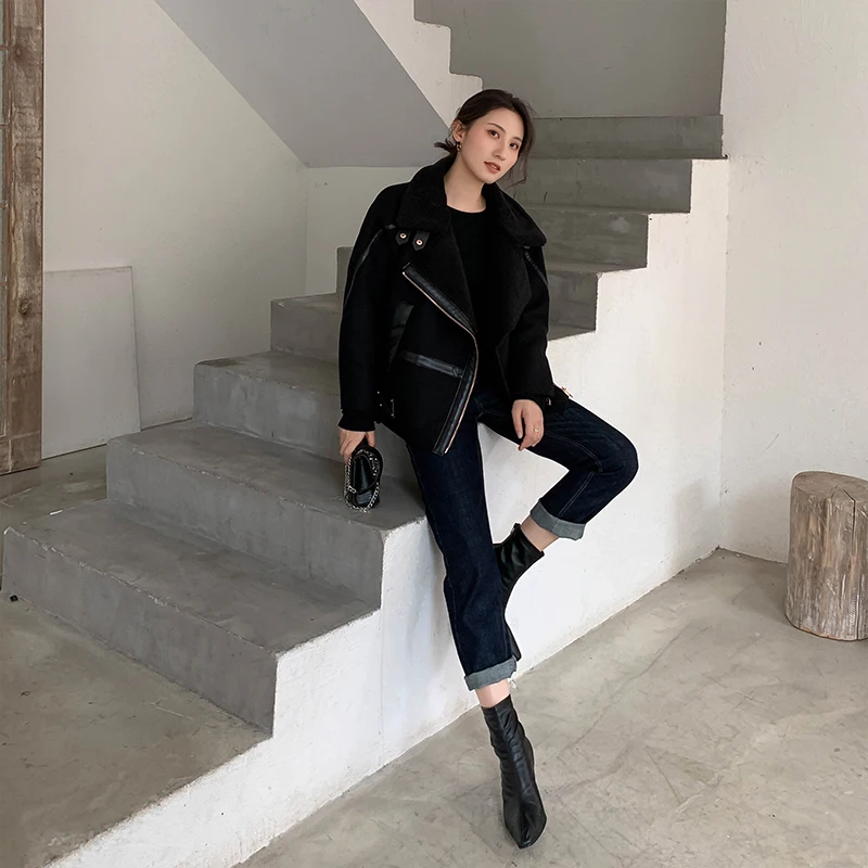 2019 зимняя женская Повседневная Байкерская мотоциклетная куртка черное теплое