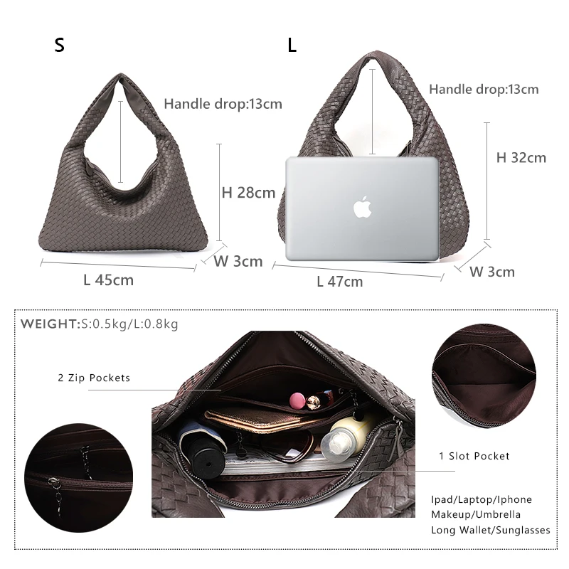 

Brand New Vegan Leather Hobo Bag Handmade Woven Casual Female Handbag Big Capacity Patchwork Zipper Women Shoulder Bags