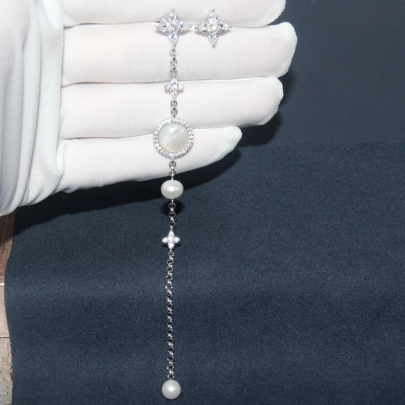 Фото Твердые жемчужные серьги-подвески в форме цветка из стерлингового серебра 925
