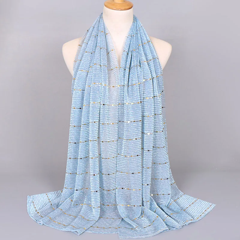

New Fashion Water Blue Magic Filament Crumpled Silver Silk Islamic Baotou Long Scarf Sequined Thin Breathable Scarf Women Shawls