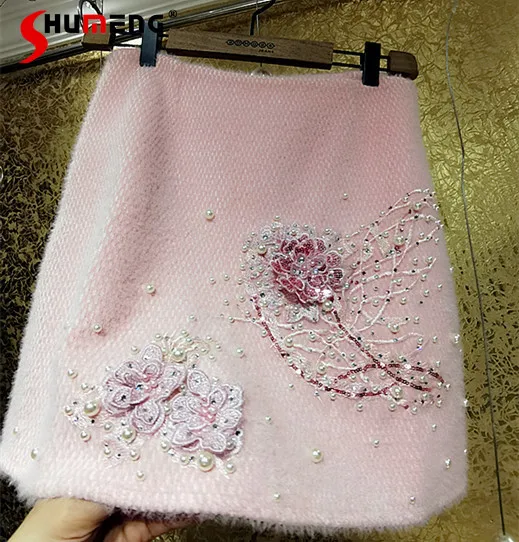 

Тяжелая промышленная твидовая утепленная короткая юбка с трехмерными цветами и бусинами, розовая Женская юбка А-силуэта, мини-юбка