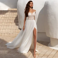 elegant fonrt slit chiffon wedding dress fashion scoop neck lace appliques sleeveless a line bridal gowns with chapel train