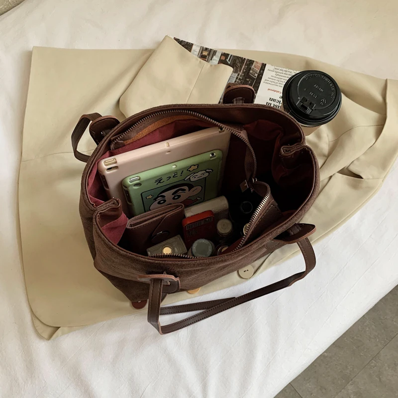 

Scrub Matte Leather Shoulder Bag for Women Retro Casual Style Designer Tote Handbags Ladies Pure Color Elegant Bucket Bag Sac