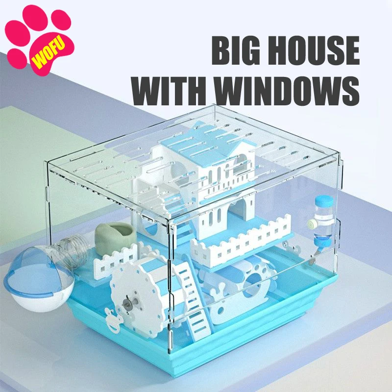 WOFUWOFU Hamster House Cage, Transparent Durable Small Animal and Habitats House, Include Exercise Wheel, Water Bottle