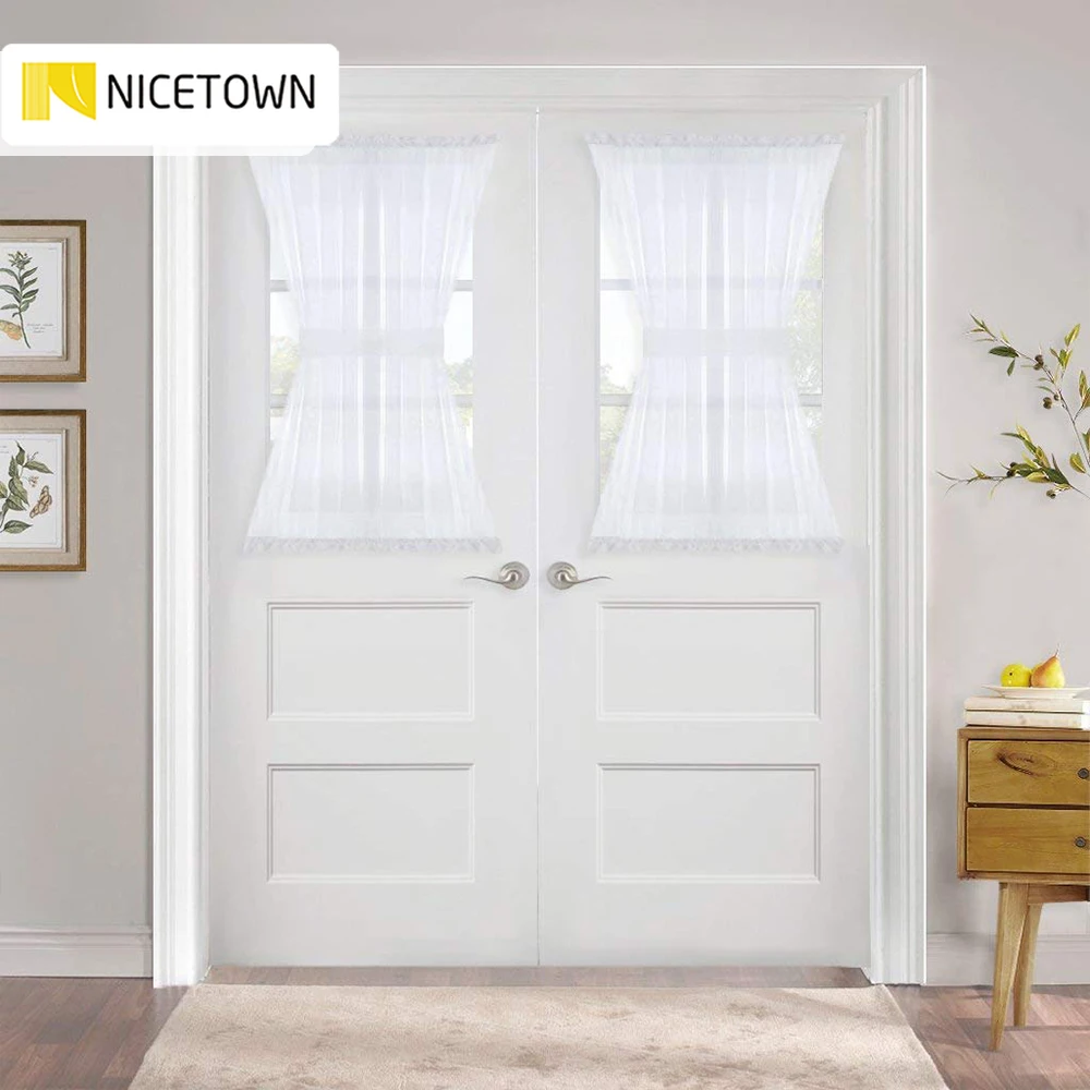 Льняная текстурированная французская стеклянная занавеска на дверь белая