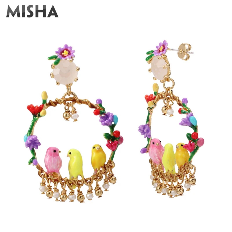 MISHA, роскошные женские серьги, ручная работа, эмалированная глазурь, цветы и птицы, Имитация драгоценного камня, ювелирные изделия в винтажном стиле, подарки для девушек, L950