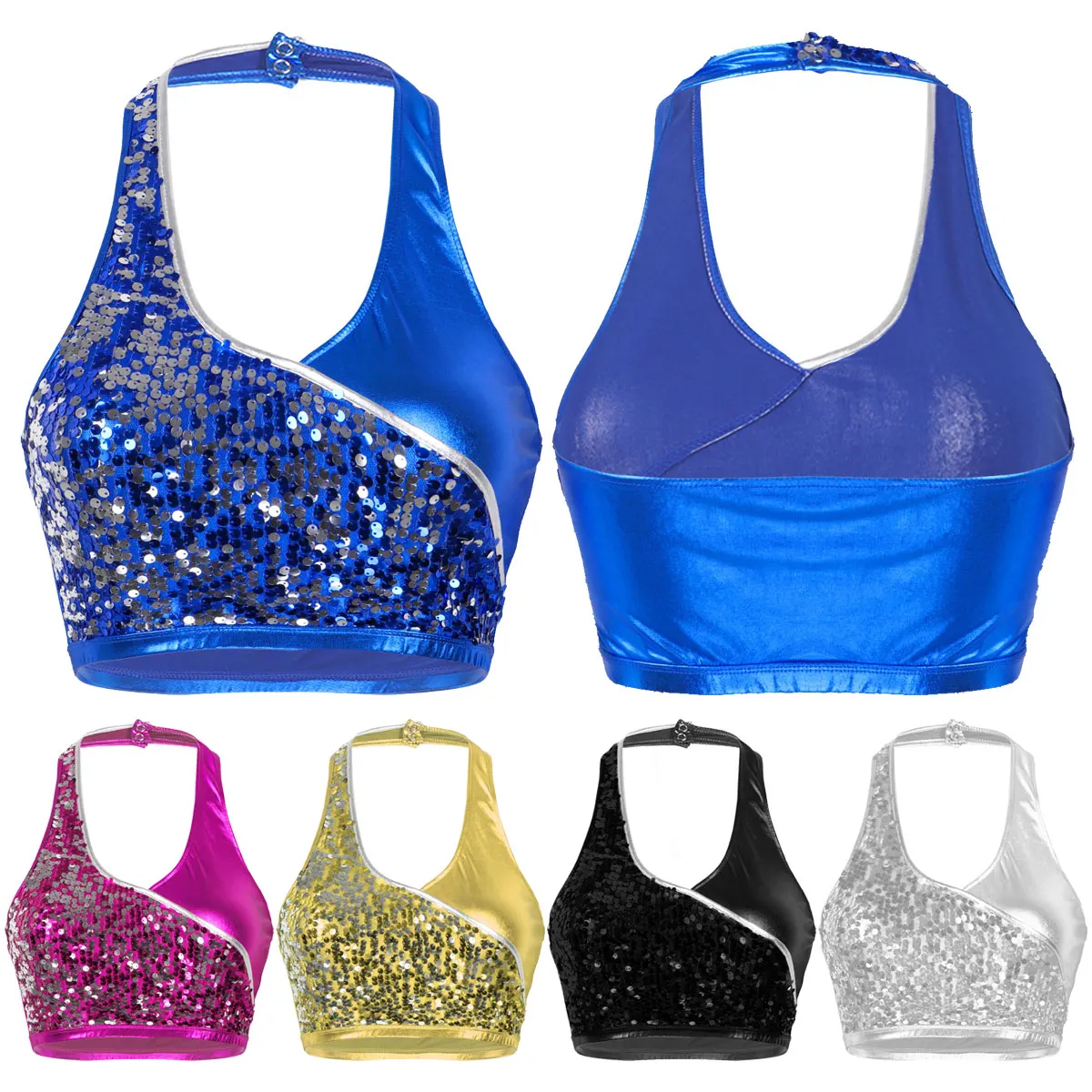 Женские блестящие танцевальные майки с металлическими блестками топы