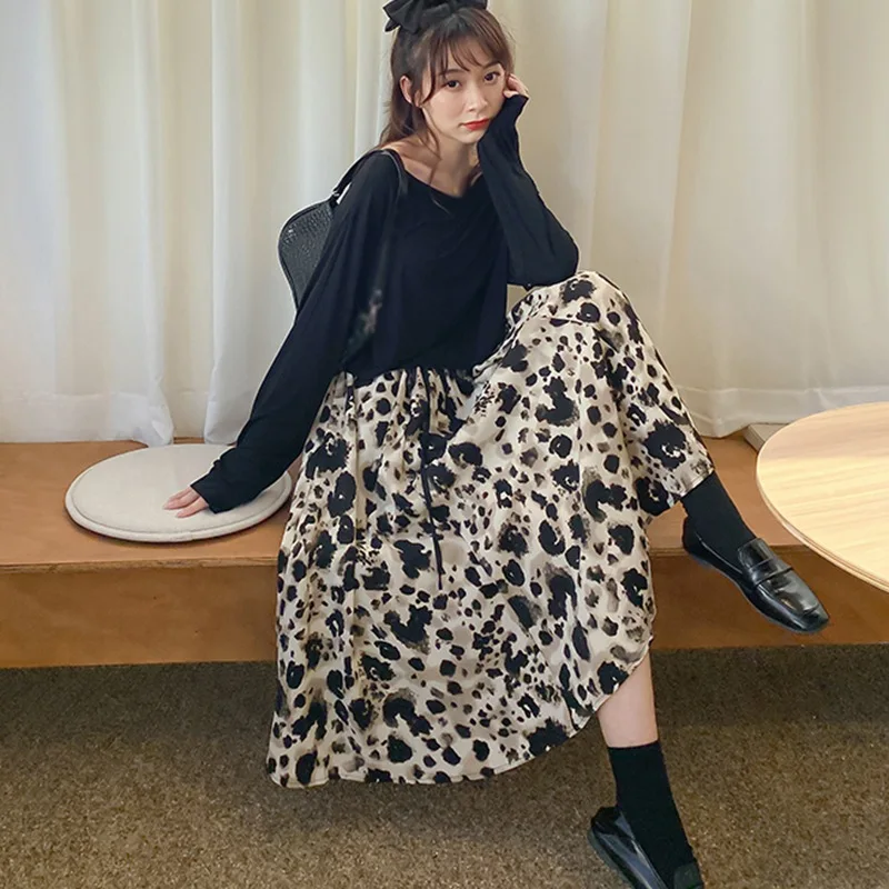 

Summer Women's Leopard High Waist Lace-Up Sweet Leisure Breathable A Line Midi Skirt